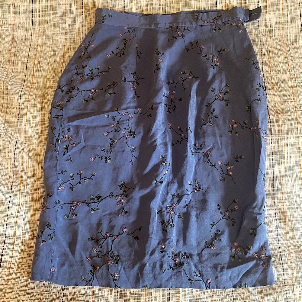 Blue floral embroidered silk midi skirt